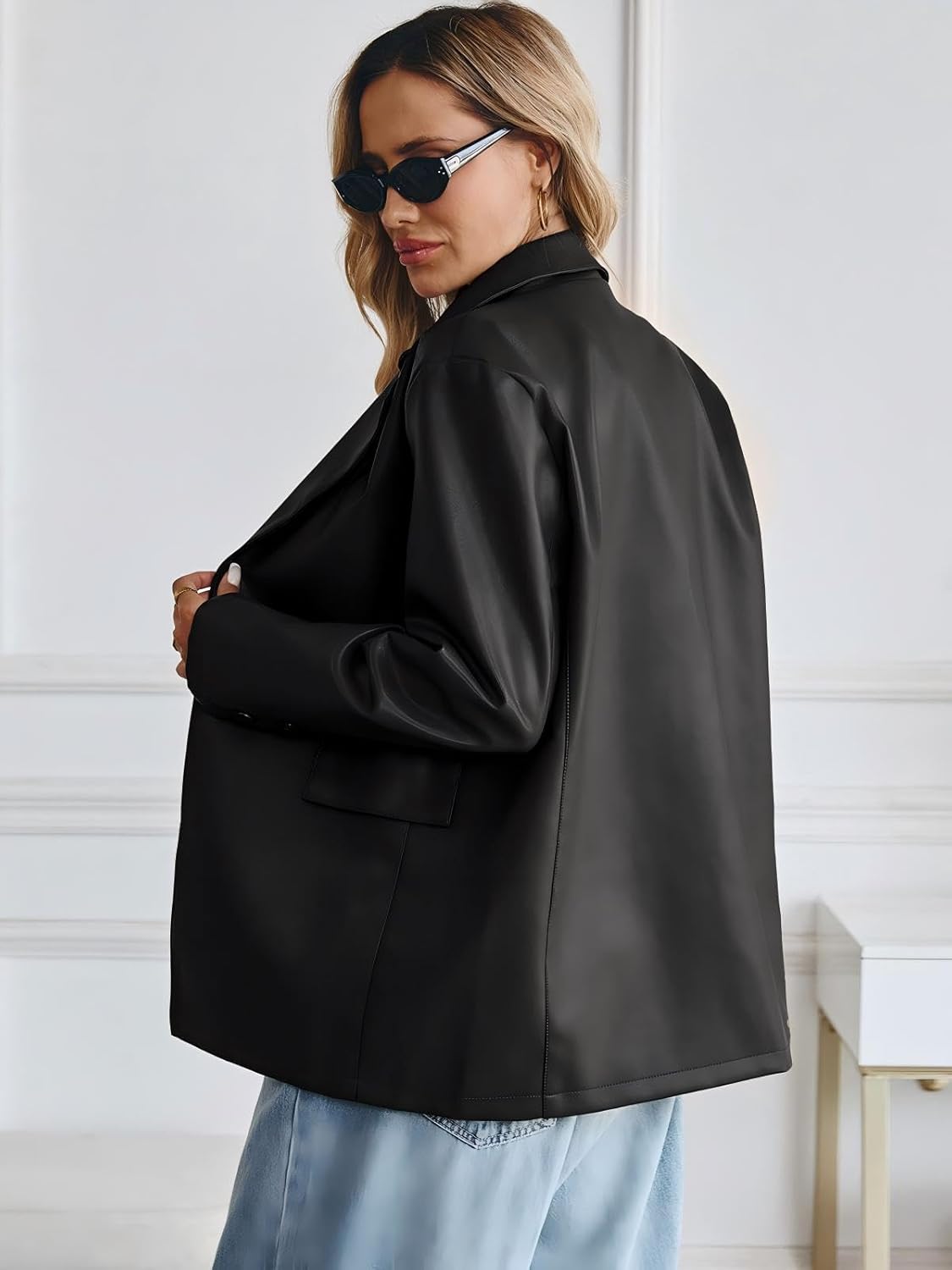 Women's Faux Leather Blazer Oversized Bomber Winter Coat Motocycle Button Down Fall Jackets with Pockets - Image 4