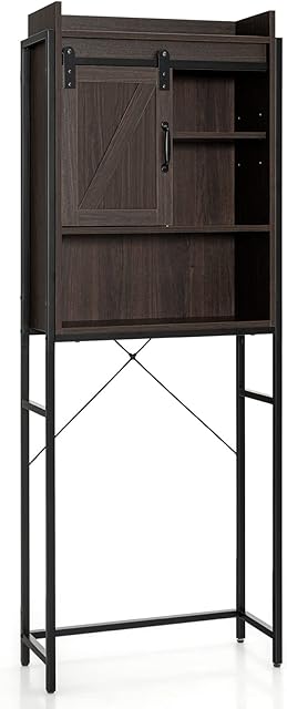 COSTWAY Over The Toilet Cabinet, Freestanding Washing Machine Rack with Sliding Barn Door and Adjustable Shelf, Bathroom Space Saver Laundry Tall Storage Cupboard Organiser Unit (Brown)