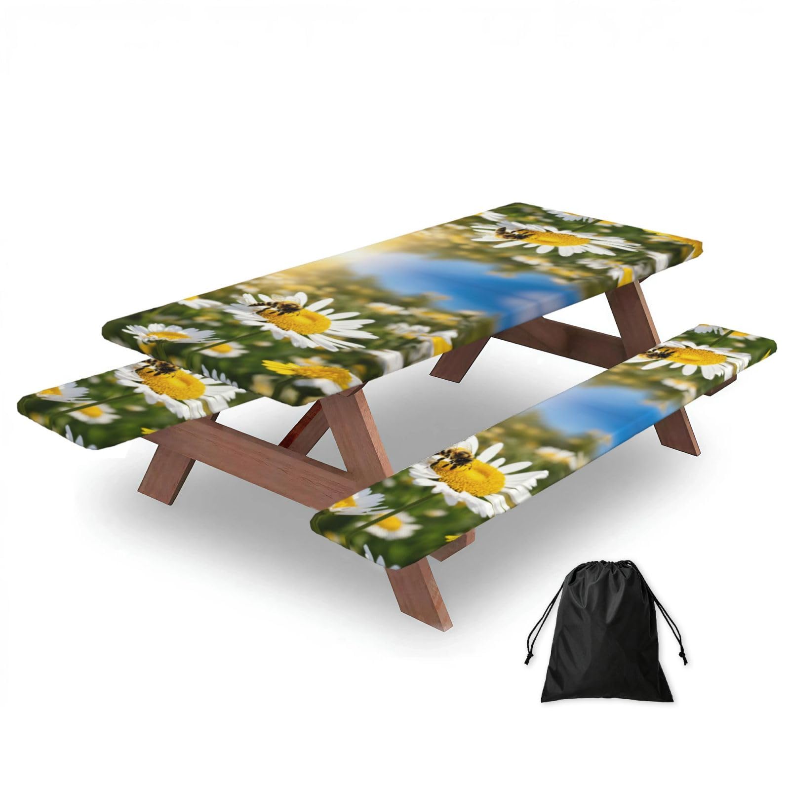 Zyjhyy Black Spring Daisy Flowers Print 3 Pack Wipeable Picnic Bench Cover And Table Cover Lightweight Table Cloth For Camping Outdoor