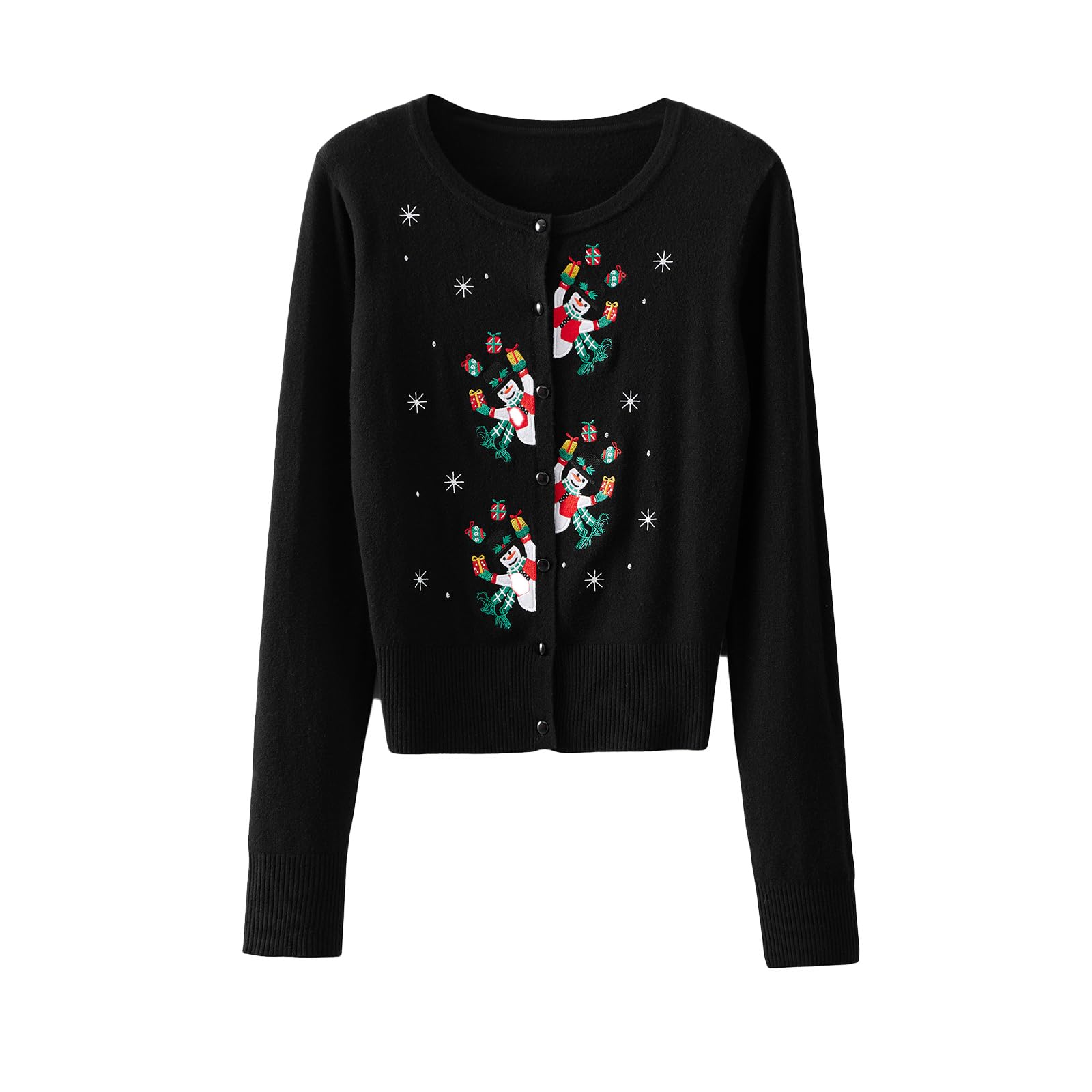 Women Christmas Knit Cardigan Long Sleeve Button Closure Embroidery Snowman Tree Casual Sweater