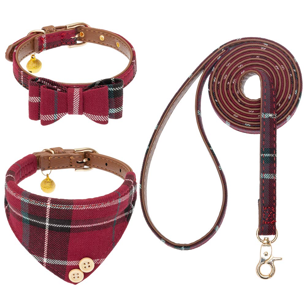 EXPAWLORER Dog Collar and Lead Set - Plaid Bow Tie and Bandana Pet Collars with Bell, No Tangle Dog Leash, Adjustable PU Leather Padded Puppy Collars for Small Medium Dogs, Red S-M — image 1