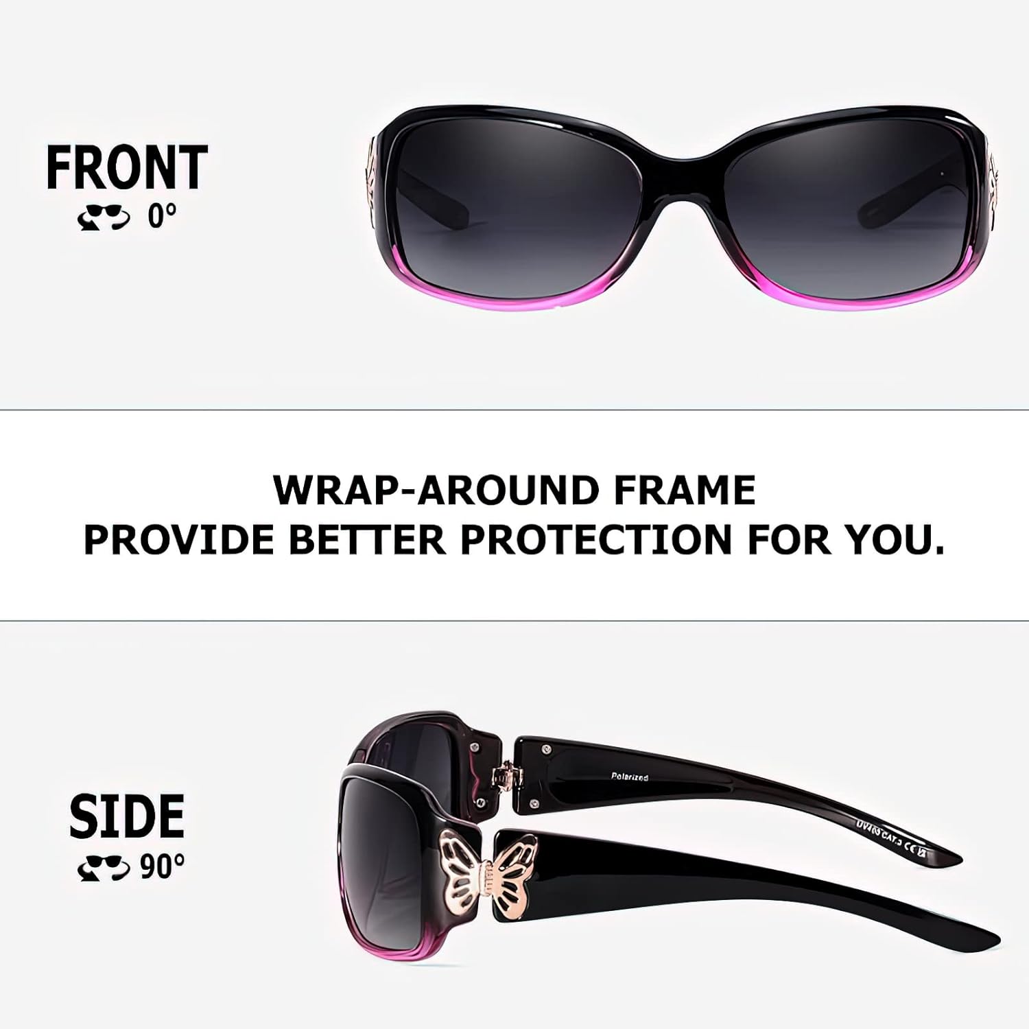 TJUTR Polarized Sunglasses for Women with Wrap Around Butterfly Design, Trendy Jackie-O Style for UV400 Protection - Image 3