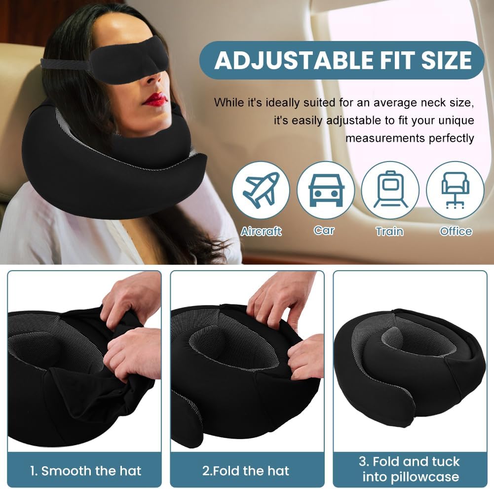 Travel Pillow with Hoodie,Hooded Neck Pillow for Travel,Travel Neck Pillows Stowable Hood,Pure Memory Foam Head Chin Support Airplane Pillows for Flight,Car,Office(Black,Size:15.2cm/6inch) - Image 5
