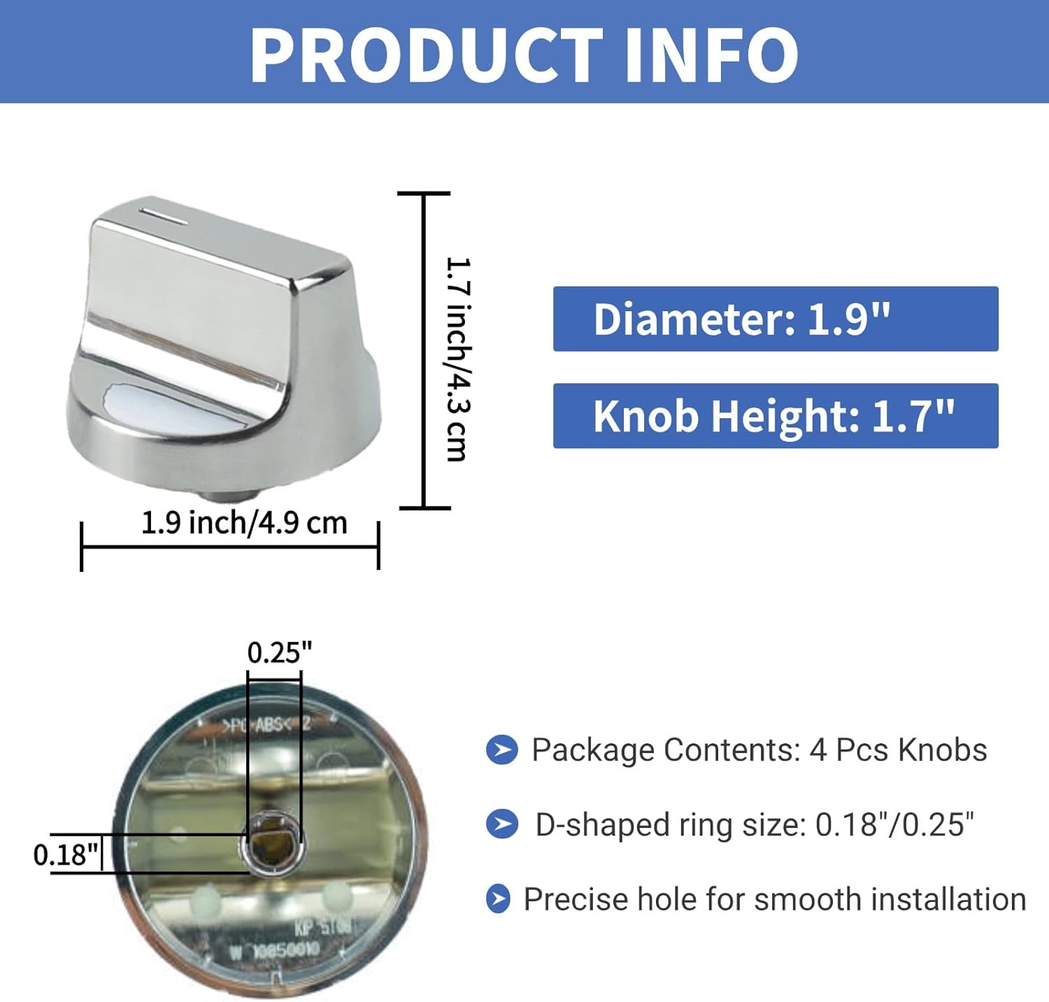 4Pcs W10850010 Knobs Replacements for Whirlpool Stove Knobs W 10850010 Kip 5t08 W11366438 W11084624 W11359382 Gas Stove Range Cooktop Stovetop Burner Control Top Knobs Silver