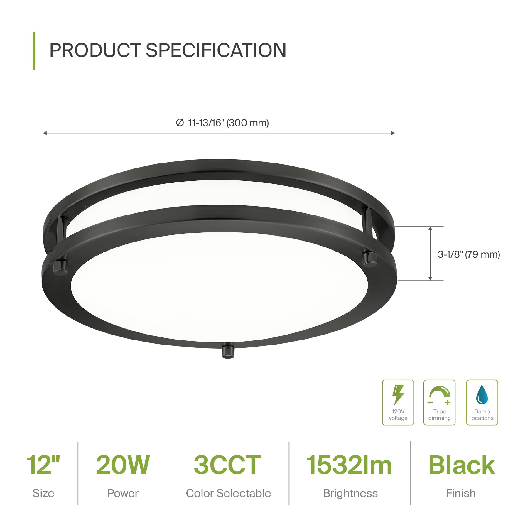 ASD LED 12 Inch Round Flush Mount Light Fixture | 20W 1550LM 3000K-5000K 120V | 3CCT, Dimmable, Energy Star, ETL Listed | Close to Ceiling Double Ring Lamp, Low Profile Lighting | Black