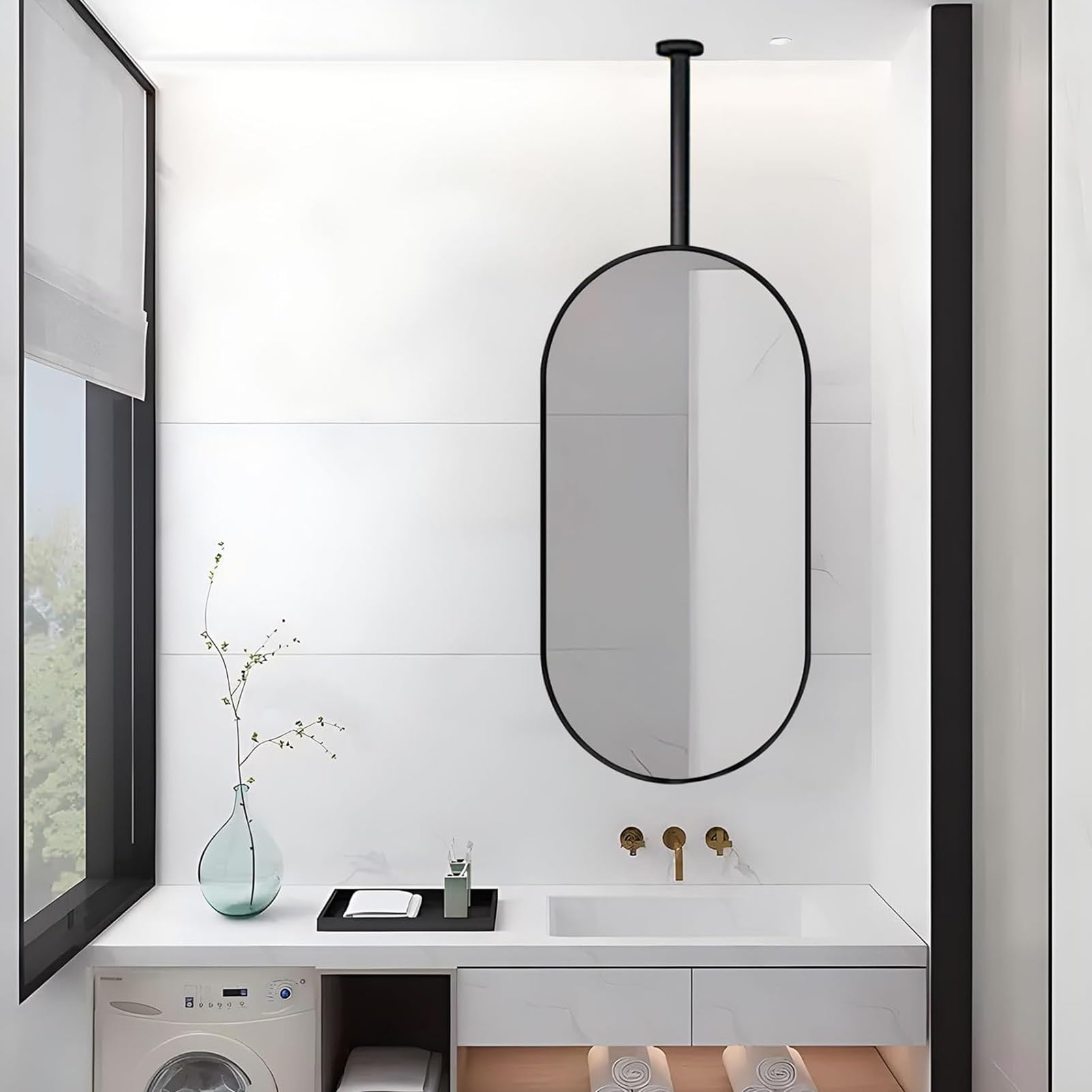 FGXHHS Oval Black, Vanity Mirror for Metal Frame HD Wall Mount Vertical Ceiling/Hanging/Floating Rod Decor - Pole Can Be Customized (Size : 40cmx60cm)