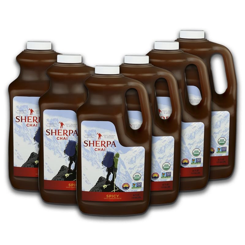 Sherpa Chai Spicy Organic Chai Tea Concentrate, 384 oz - Himalayan Black Tea Concentrate w/Freshly Pressed Ginger - Authentic Recipe Brewed by Nepali Sherpas - Chai Tea Gift for Latte Tea LoversUSDA Organic