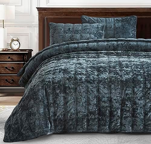 Ivellow Velvet Quilt Queen Size Green Lightweight Velvet Comforter Set Oversized Bedspread Coverlet Full For All Season 3Pcs Luxury Quilted Bedding - View #6