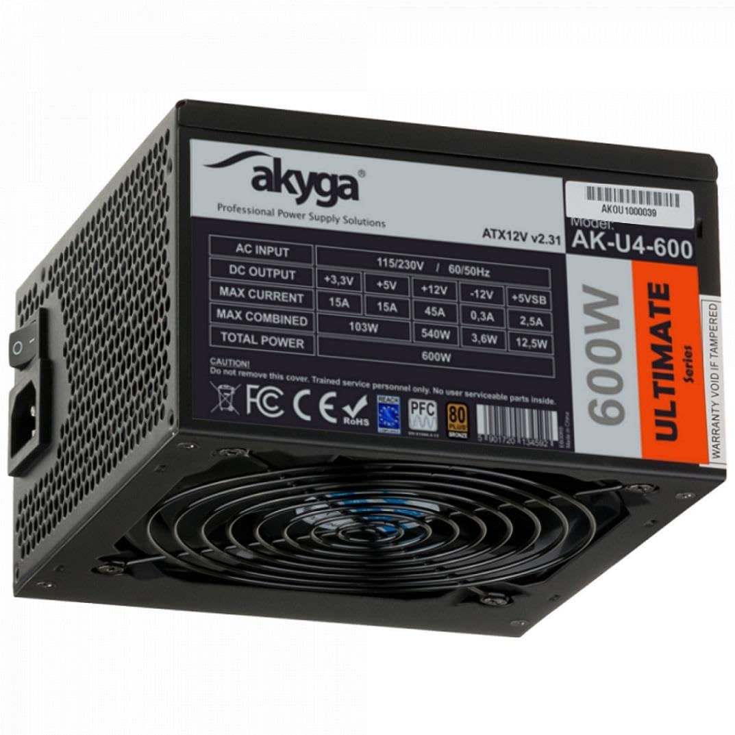 Akyga AK-U4-600 ATX - Fuente de alimentación (600 W, 80+, APFC P8, PCI-E, 6 Pines, 6 + 2 Pines, 6 SATA)