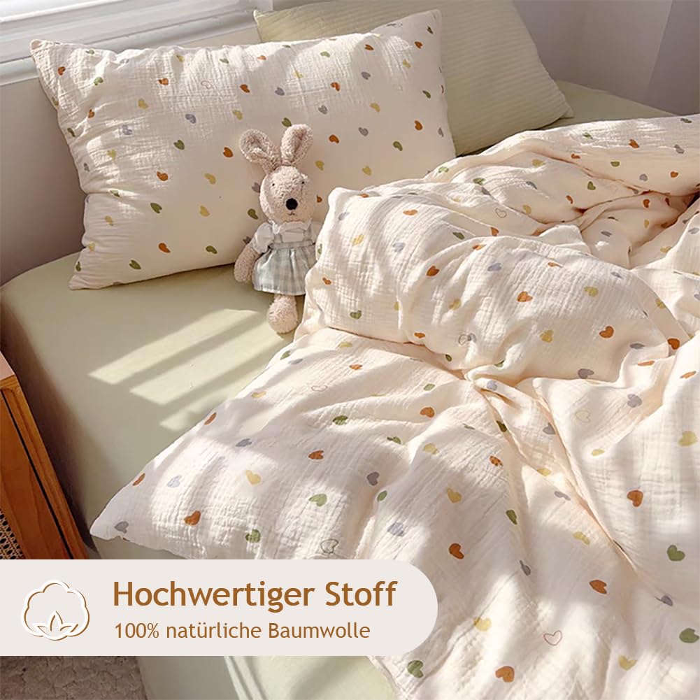 AShanlan Biancheria da letto in mussola, 155 x 220 cm, in cotone con cuori colorati, 1 copripiumino da 155 x 220 cm e 1 federa da 80 x 80 cm, in mussola Öko-Tex con chiusura lampo