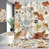 Pretyw 4-Piece Vintage Floral Shower Curtain Set Bohemian Caramel Bathroom Set with Shower Curtain and Rugs, All-Season Woven Bath Curtain with Hooks for Farmhouse Home Decor