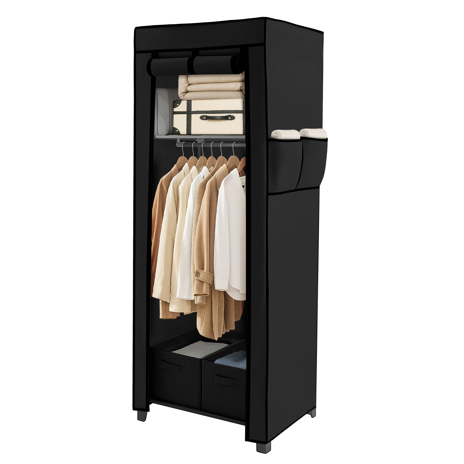 GREENSAPPIRE Canvas Wardrobe 161 * 59 * 45cm – Portable Fabric Wardrobe for Bedroom, New Base Design with 2 Storage Boxes & Side Pockets, Ideal for Home, Apartment & Dormitory (Black)