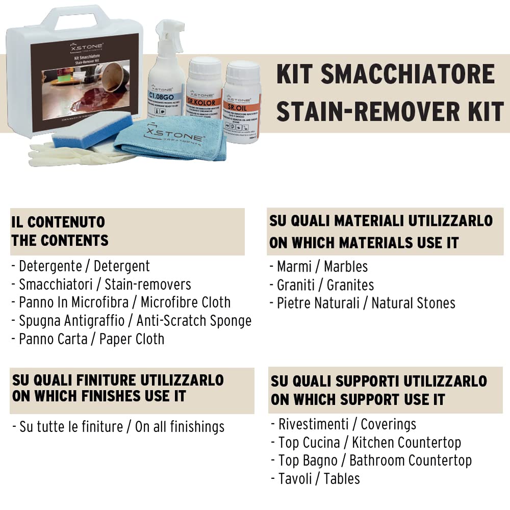 KIT SMACCHIATORE per rimuovere MACCHIE ORGANICHE di Caffè, Vino ecc. MACCHIE di Olio e Grassi su superfici in pietra naturale. Con Sgrassante e accessori inclusi.