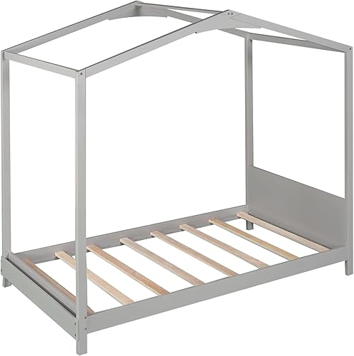 Miniatura 4 de Anwick Camas de casa para niños pequeños marco de cama Montessori de madera cama de plataforma de tamaño individual con cabecera y estribo para