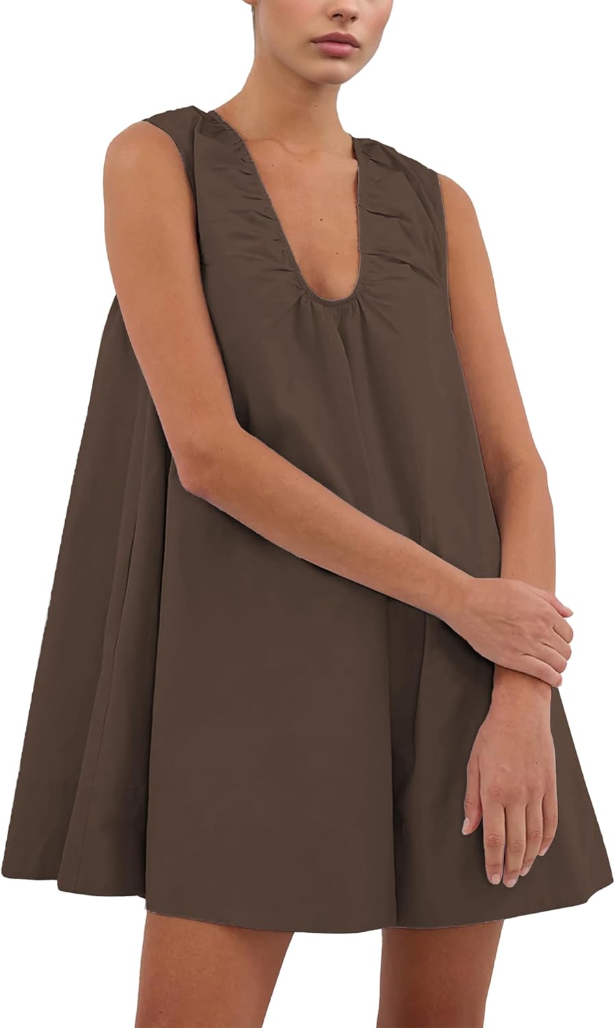 Women's Mini Babydoll Tank Dress Bubble Sleeveless Dresses Scoop Neck Ruched Short Summer Sundress with Pockets