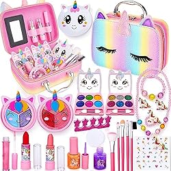 Lubibi 25 Pcs Unicornio Set de Maquillaje Lavable para niños Lápiz Labial Esmalte de uñas Kit de cosméticos Reales de Seguridad Probada Juguete cumpleaños Navidad Regalo y para niñas 456789 10