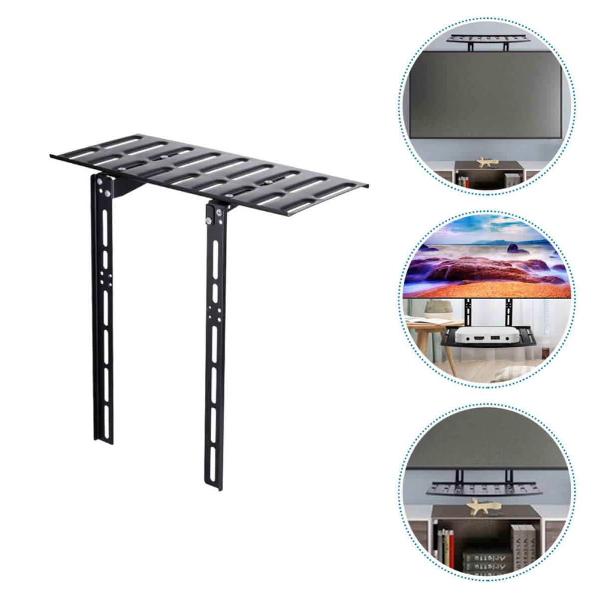 Estante de pared negro para TV y enrutador, acero laminado en frío, soporte sin perforaciones para espacios pequeños