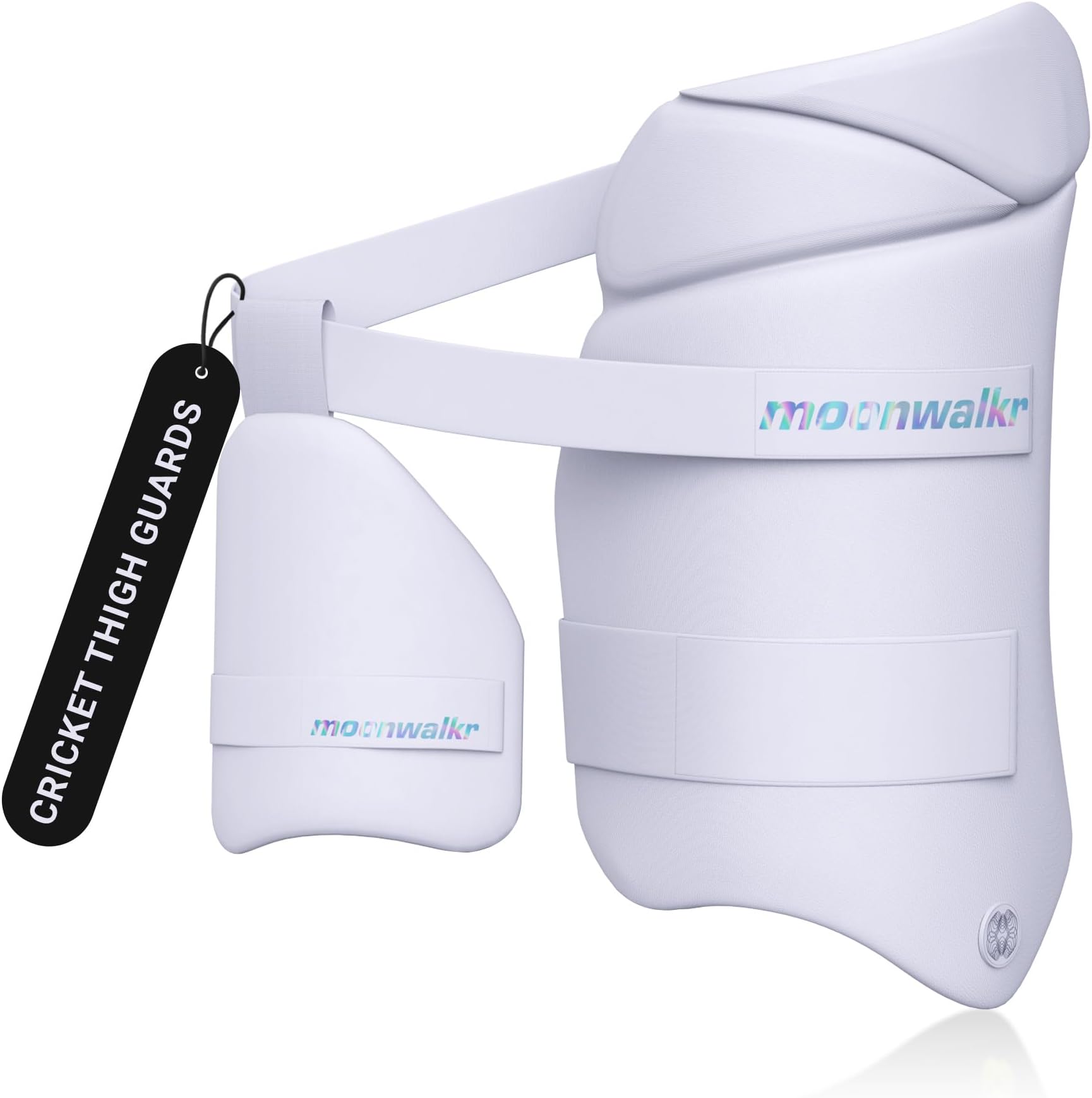 moonwalkr Cricket Thigh Guards 2.0 Lightweight Cricket Guard & Equipment Unisex Thigh Pads for Batter's Height (5'4"- 5'8") Safeguarding Both Your Outer and Inner Thighs White (Medium, Right Hand)
