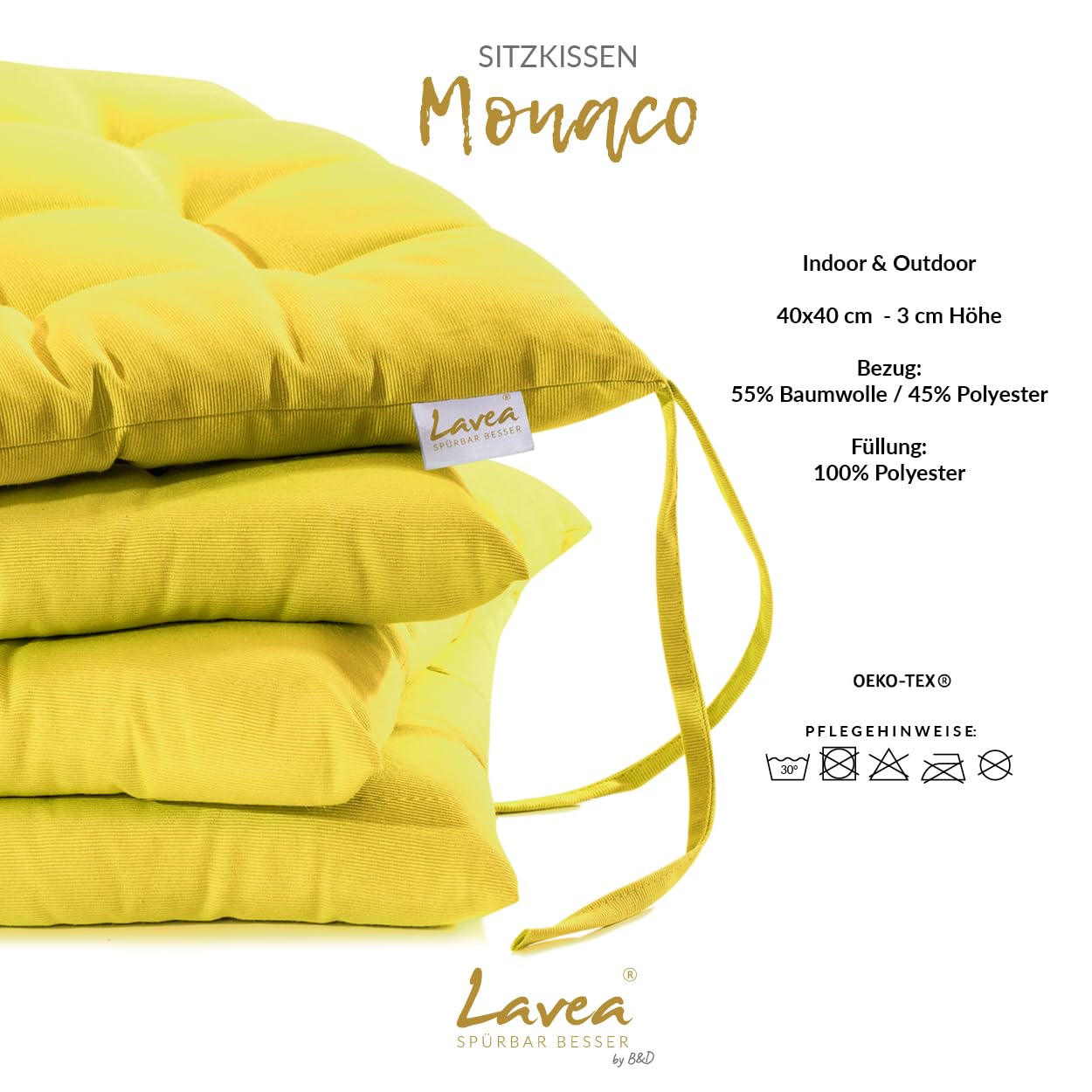 Lavea® Cojines para Silla 40x40 cm – Juego de 4 con Lazos – Interior/Exterior – Cómodos y Lavables, Ideales para Jardín, Cocina, Balcón y Terraza - Amarillo Pálido