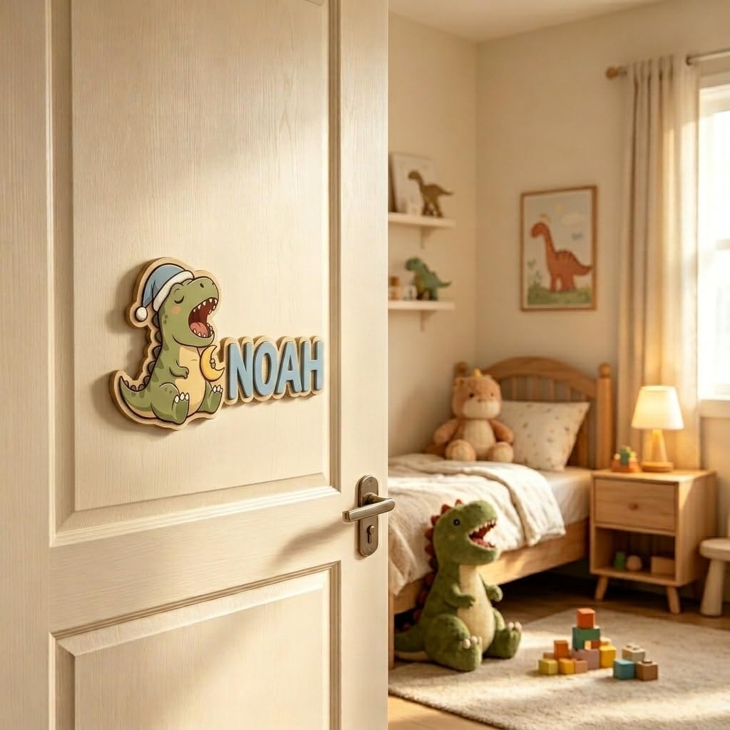 Personalized Dinosaur Name Sign for Kids Room, Custom Wooden Name Plaque, Cute Dino Nursery Wall Decor, Baby Boy Bedroom Door Sign Gift