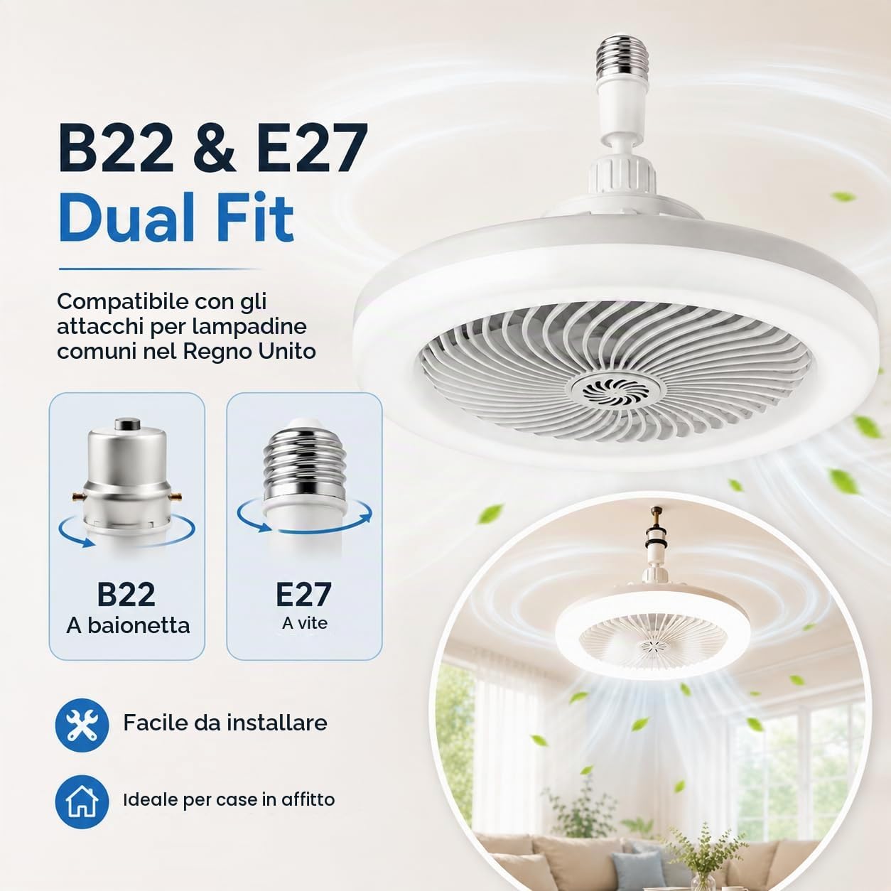 Pealeaf Ventilatore da soffitto con luce e telecomando, lampada ventilatore B22 & E27, 3 velocità, 3 modalità luce per camera, cucina e piccoli spazi (Upg.)