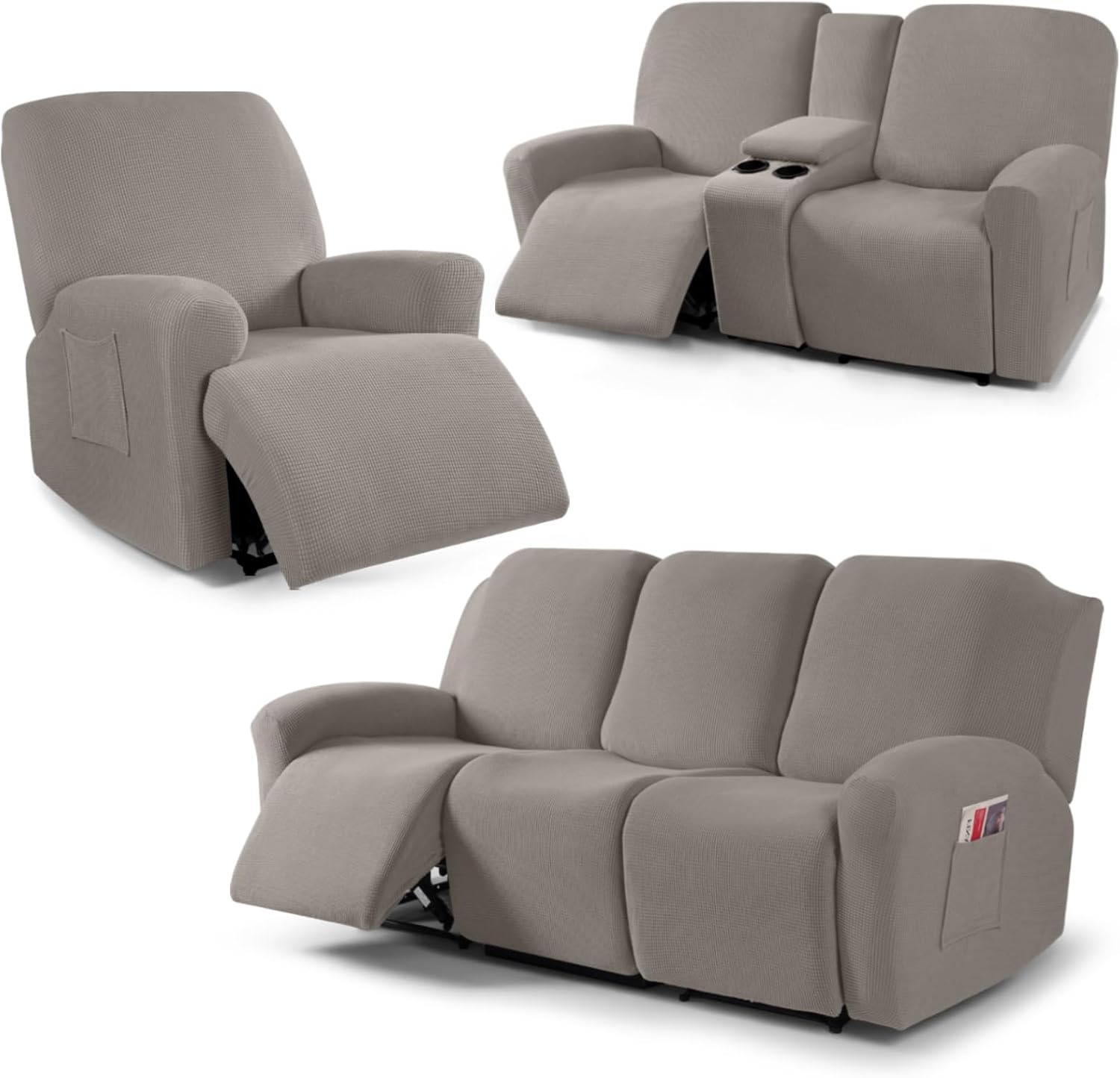 TAOCOCO Recliner Loveseat Cover with Middle Console & Recliner Chair Covers & Recliner Sofa Covers for 3 Seat, Pale Brown
