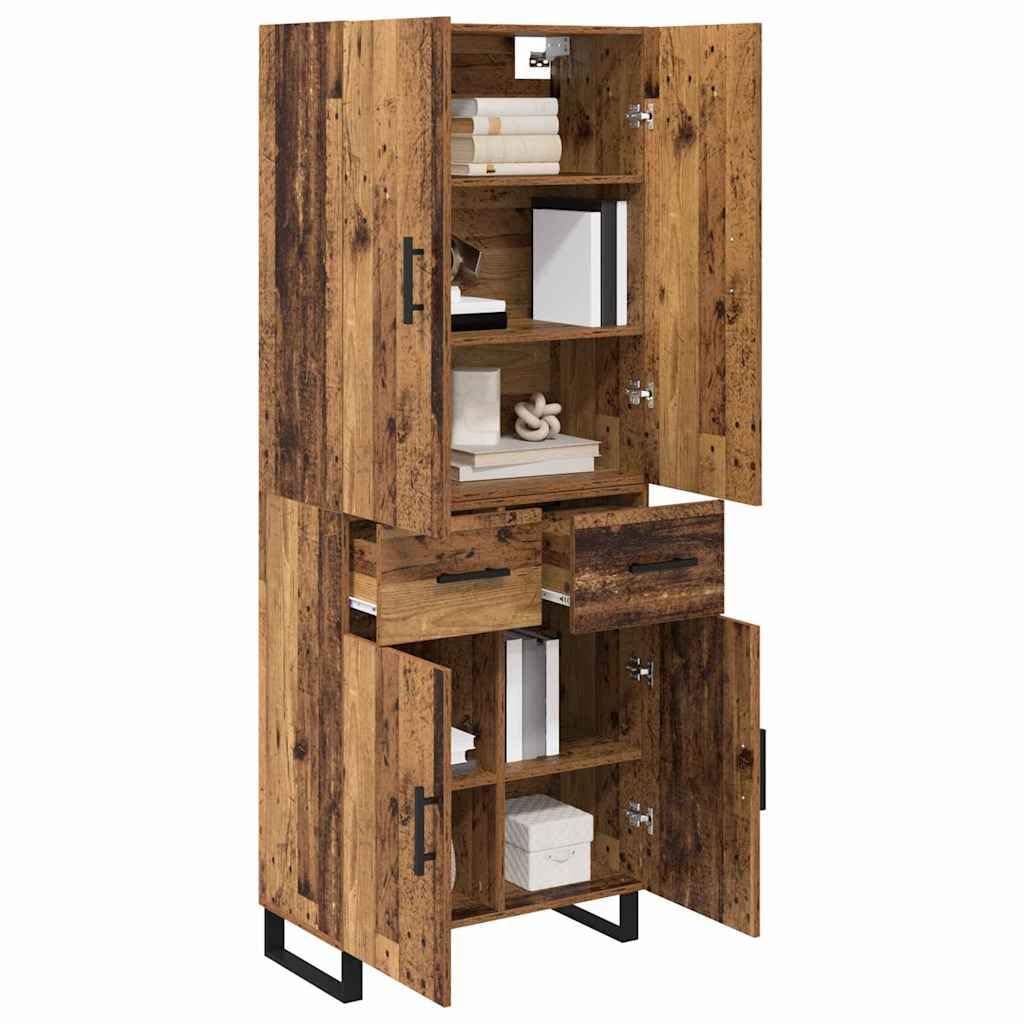 Meuble haut avec tiroirs et portes en bois vieilli, 69,5 x 34 x 180 cm, buffet moderne avec espace de rangement, étagère et étagère pour salon, salle à manger, couloir, cuisine, bureau