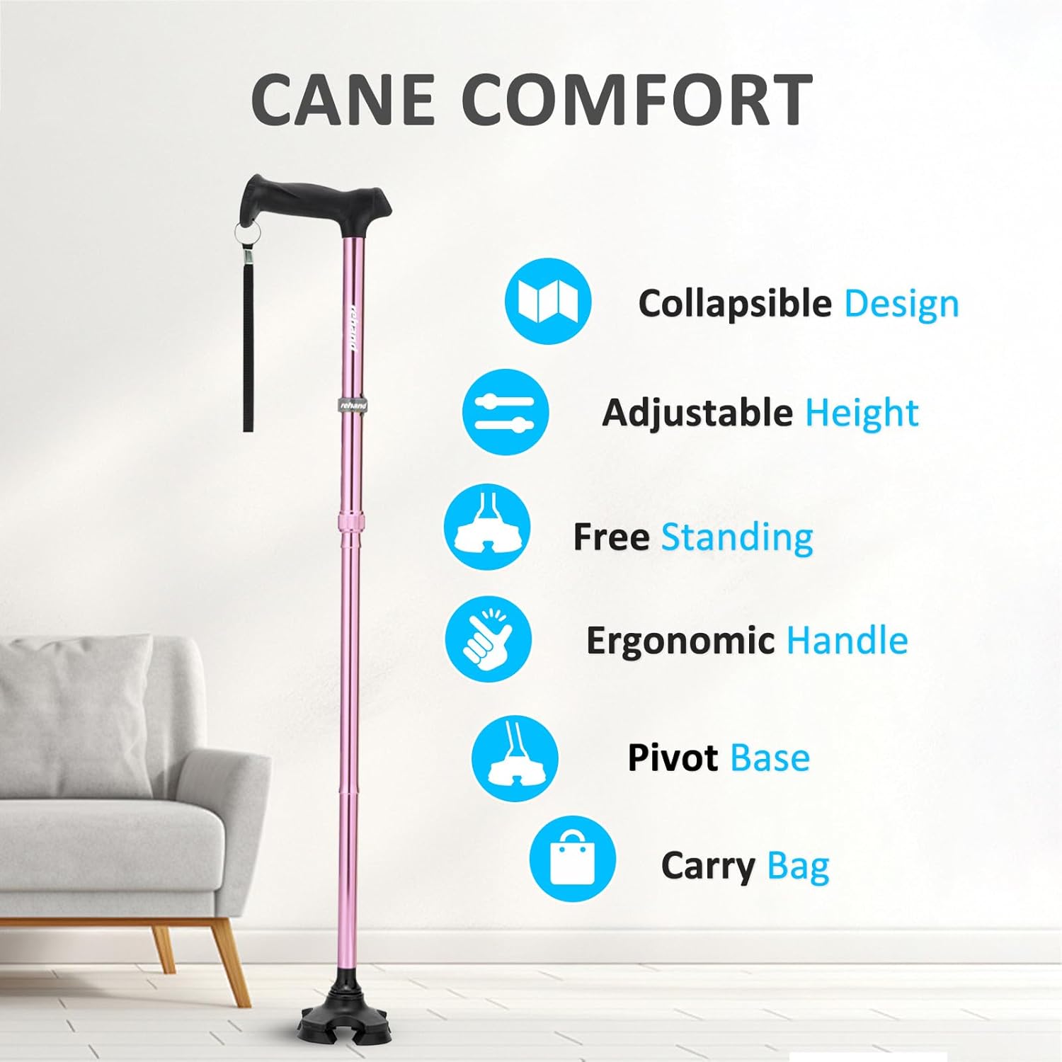 rehand walking cane for men & women - foldable, adjustable, lightweight, self standing pivot walking cane, soft handle grip, with travel bag, walking sticks for seniors & adults pink