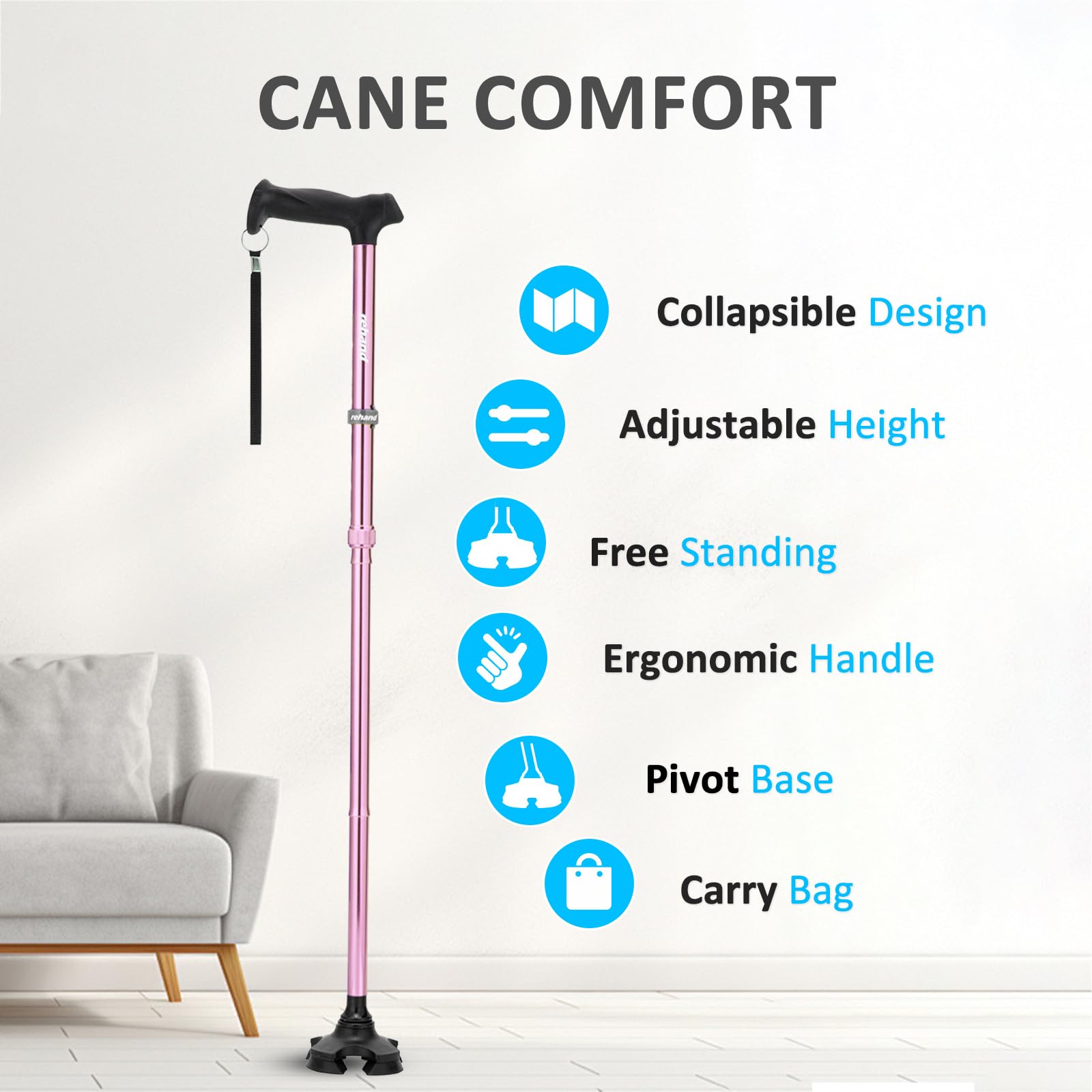 Rehand Bastone da passeggio per uomini e donne, pieghevole, regolabile, leggero, autoportante, con impugnatura morbida, con borsa da viaggio, bastone da passeggio per anziani e adulti