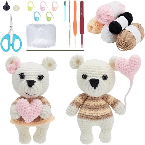 ACRNIGHEET Kit de ganchillo para principiantes, juego de 2 piezas de ganchillo de oso con globos en forma de corazón, kit de inicio de ganchillo con