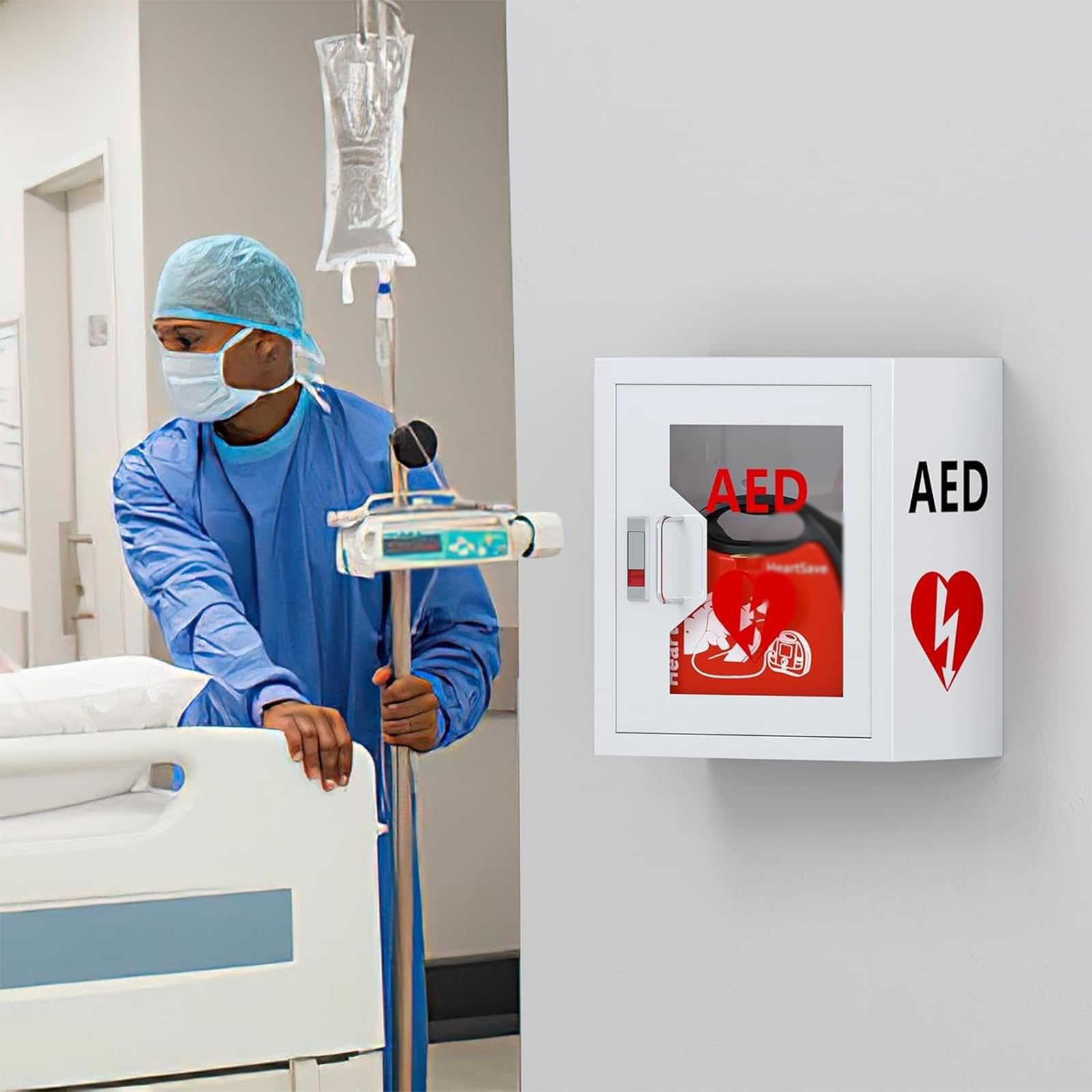 AED-Defibrillator-Schrank, AED-Defibrillator-Aufbewahrungsbox, Wandmontierter Herzdefibrillatorschrank, mit Schloss, einfach zu bedienen