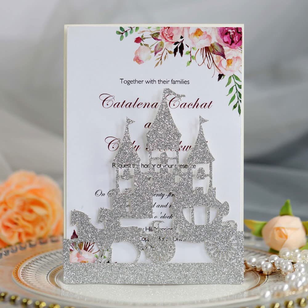 Cartes d'Invitations de Mariage Dorure Fée et Château Laser 3D Luxe