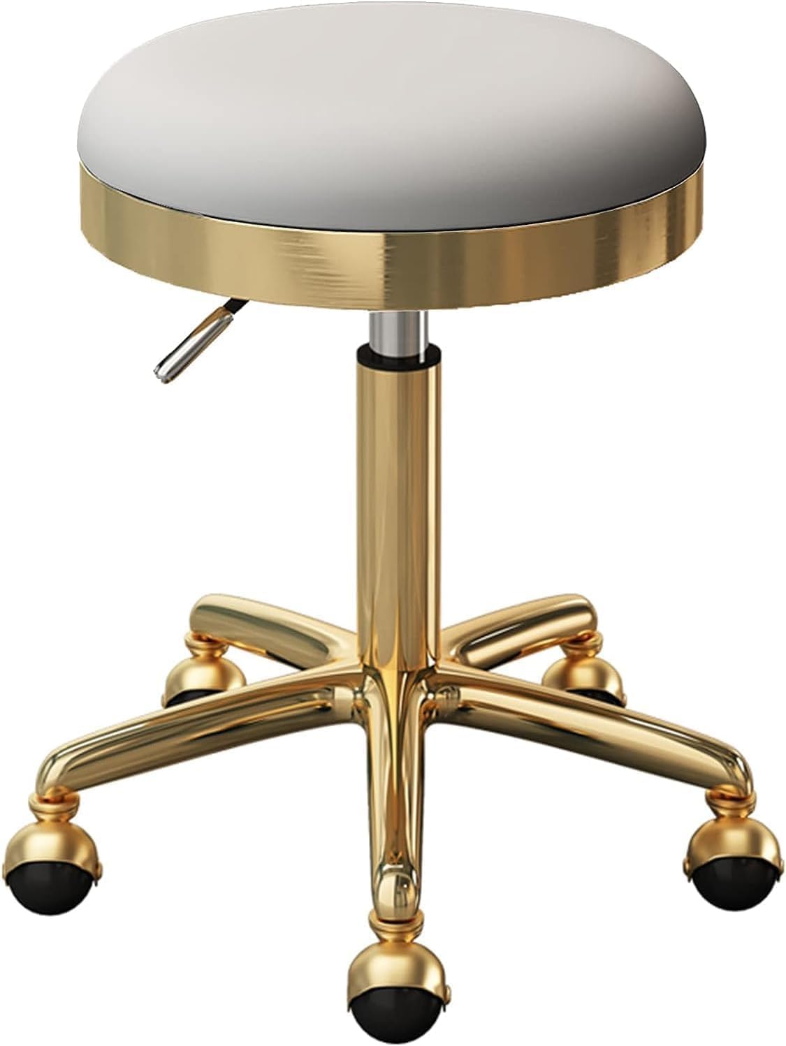 Round Roller Stool, PU Leather Soft Cushion Swivel Bar Stool, Beauty Salon Counter Medical Swivel Stool with Gold Steel 5 Claws and Rollers, Adjustable 47-64 Cm(Light Grey)