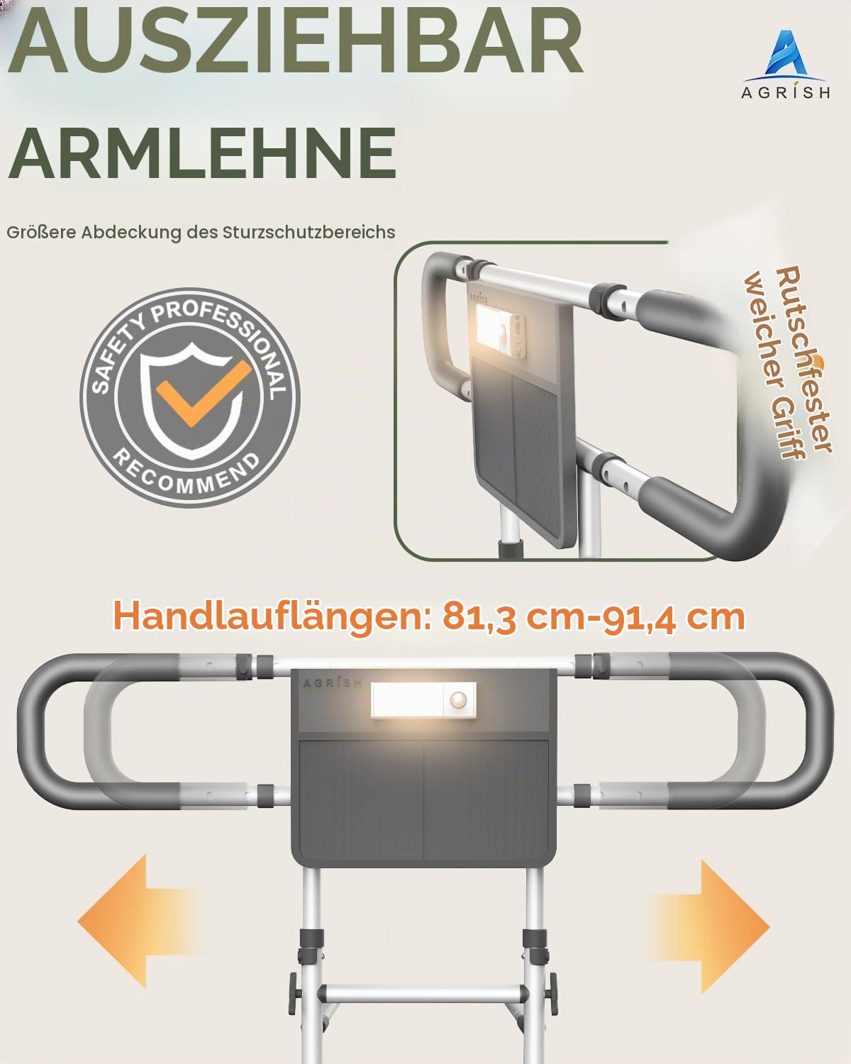 Agrish Bettgitter für Senioren mit Bewegungslicht – Verstellbare Bett-Aufstehhilfe mit Stützbeinen für ältere Menschen, Reha-Patienten & Personen mit eingeschränkter Mobilität, passend für alle Betten
