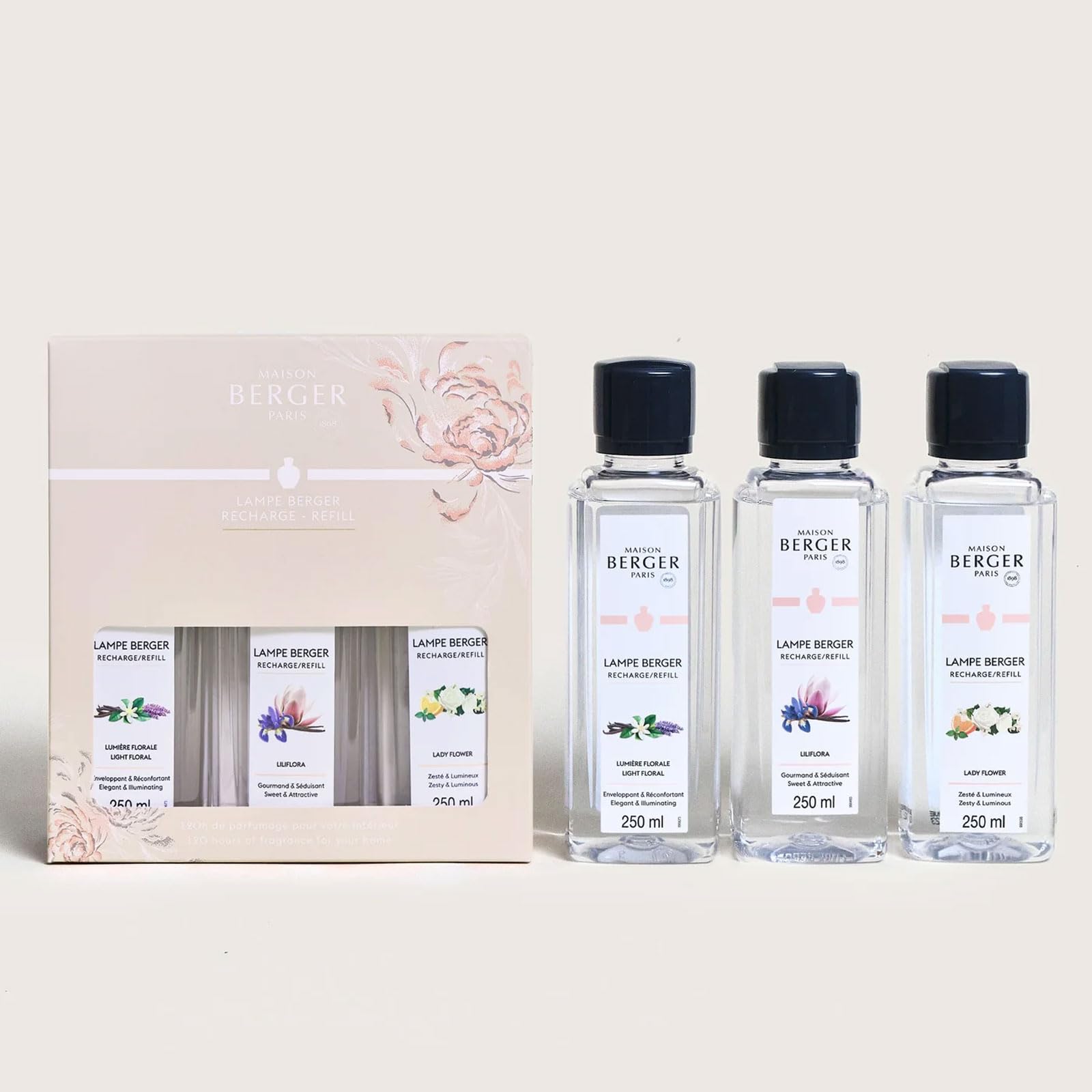 Lampe Berger – TrioPack Colección Ophelia – Juego de 3 botellas de 250 ml – Lumière Florale – Lady Flower y Liliflora – en elegante caja de regalo
