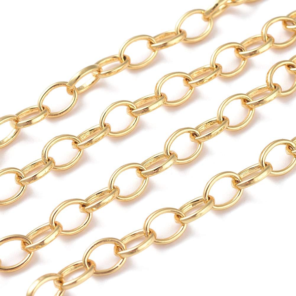KISSITTY 16.4 Feet/ 5m Real 18K Gold Plated Twisted Chains Flat Oval Link Cable Chains for Choker Bracelet Necklaces Jewelry Making 8x6x1.1mm