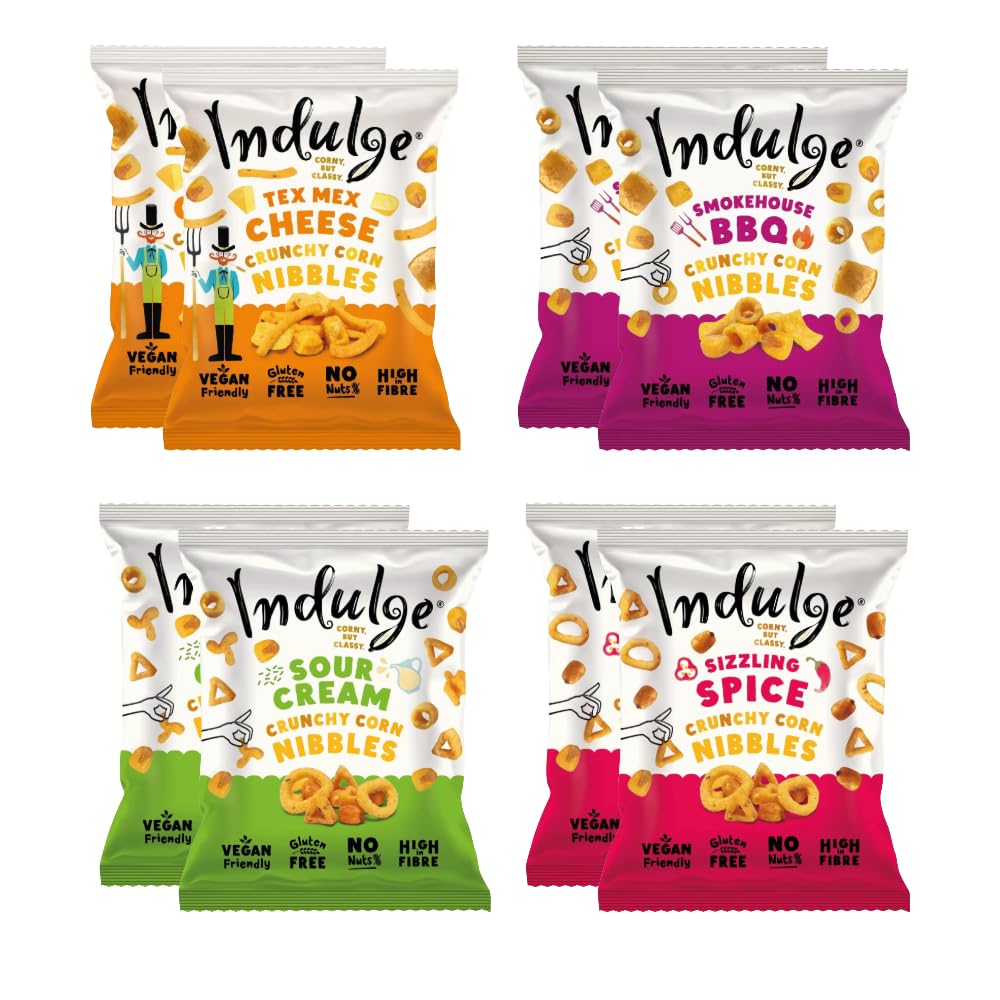 Indulge - Crunchy Corn Nibbles - Variety flavour - Gluten Free, Nut Free, Low Salt, Vegan- 20g x 8 bags (Variety Box) (20g (Pack of 8), Variety Box)