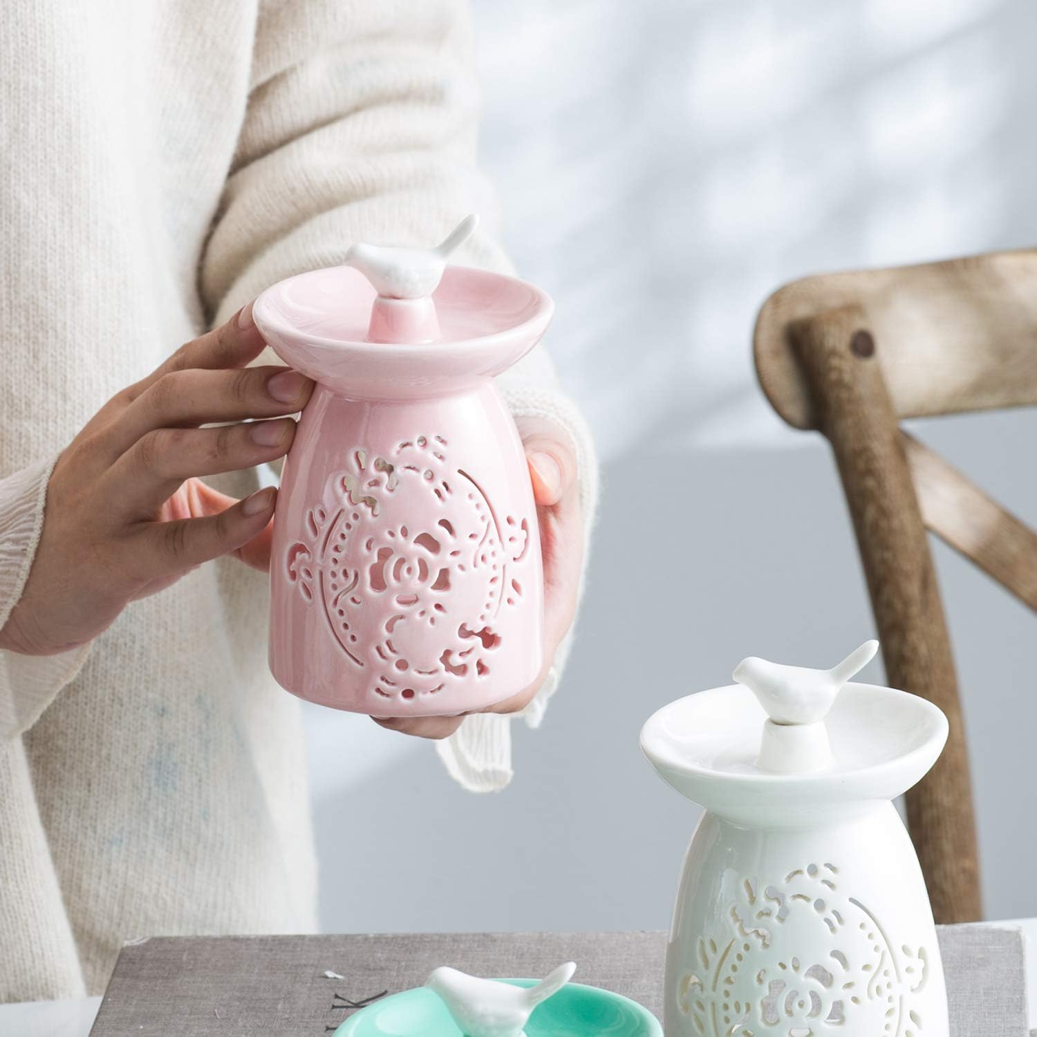 Ceramic Tea Light Holder Wax Melter, Essential Oil Diffuser Candle Holder, Candle Warmer Kitchen Decor Gift,Pink