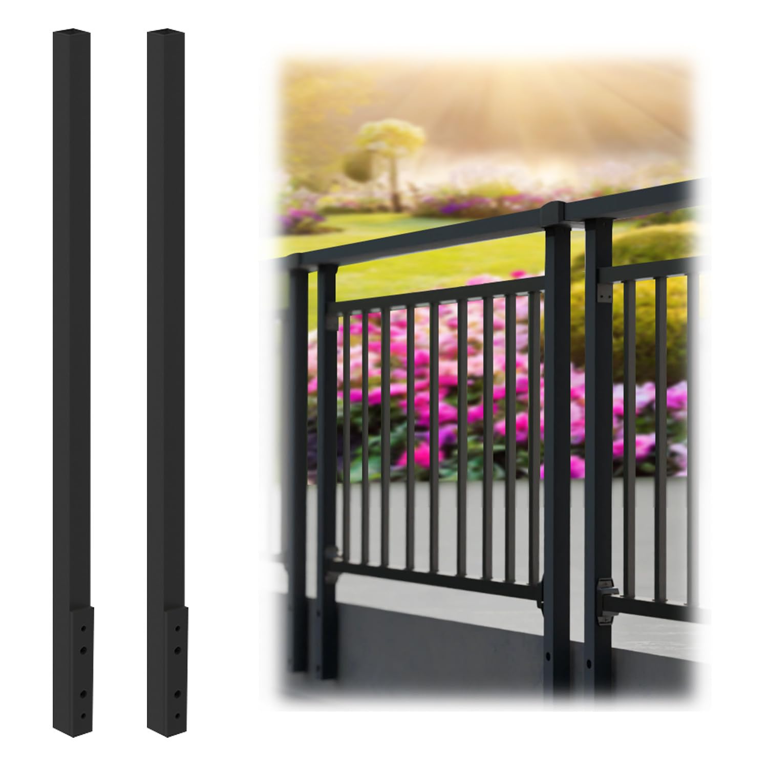 CR Fence & Rail Side Mount Black Metal Post, 2pcs 38" Powder Coated Fence Post, Sturdy Metal Post Compatible with Baluster Railing for Deck Railing, Porch & Balcony Railing, Residential & Commercial