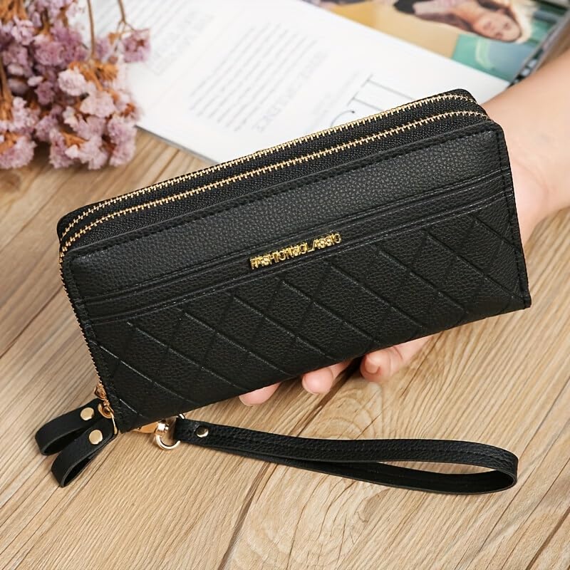 Wallet Women, Stylish Synthetic Leather Long Wallet for Women | Double Zipper Clutch with Wristlet, Credit Card Holder, Money Purse Organizer, Easy Carry Handbag (Black)4