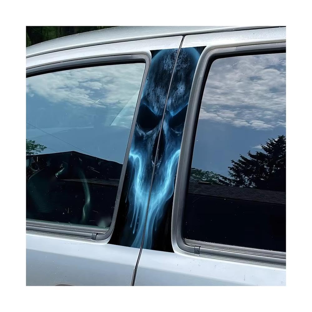 Bertdcx One Color Blue Skull Glossy Protective Polyethylene Film Car Pillar Decals Waterproof Stickers Auto Parts