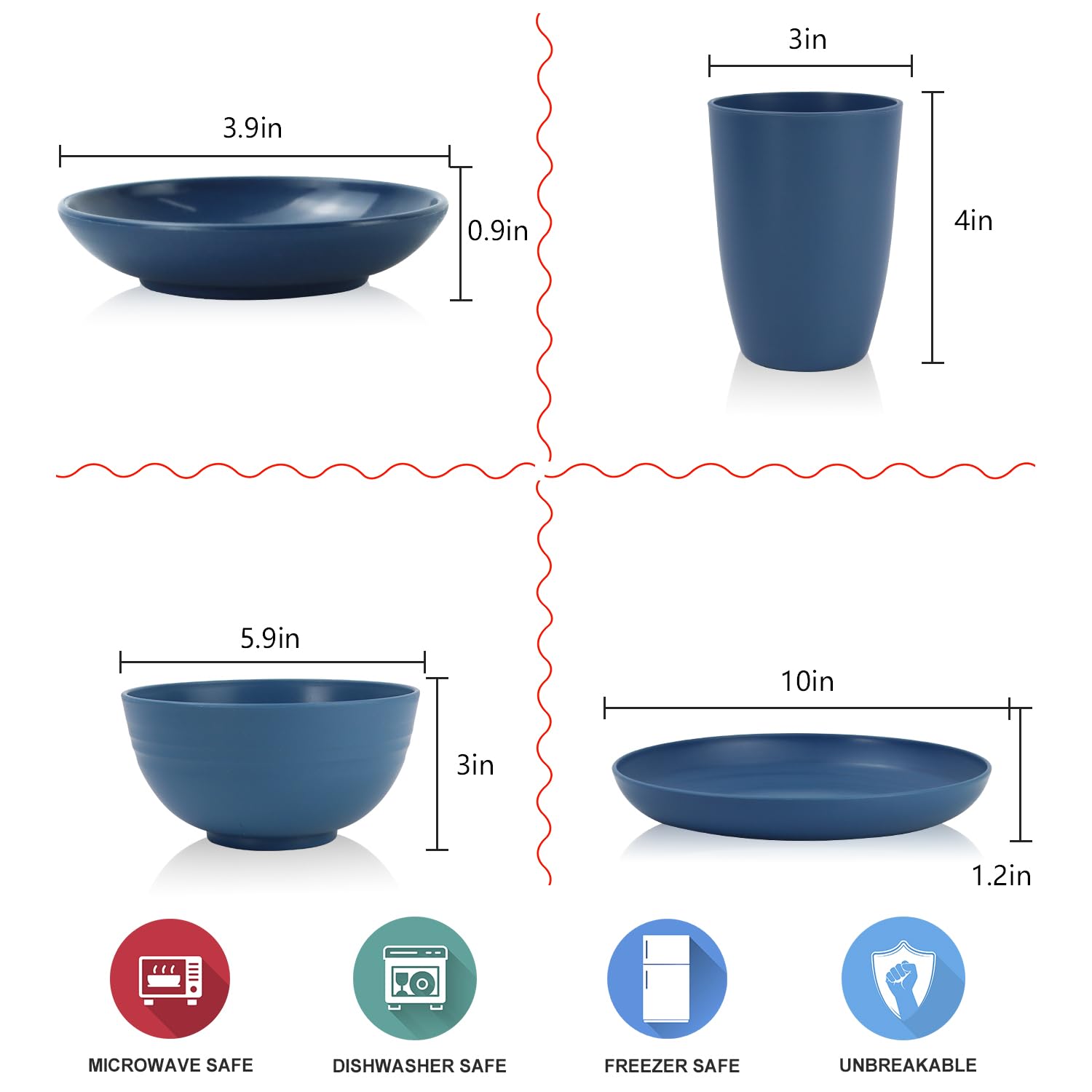 Wrova Reusable Plastic Plates and Bowls Sets of 16 Dinner Set - Unbreakable Plates Sets, Blue, 16 PCS - Image 2
