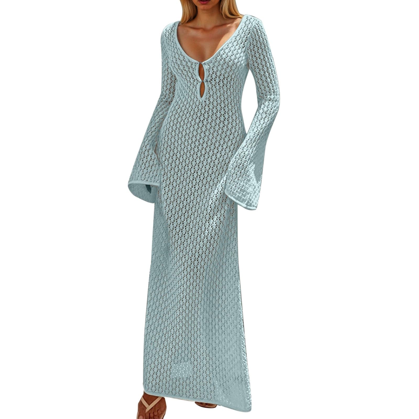 Abito Lungo da Donna all'Uncinetto Indossare in Spiaggia, Nuoto, Vacanza, Manica Lunga, Sexy, Aderente, Estivo in Maglia