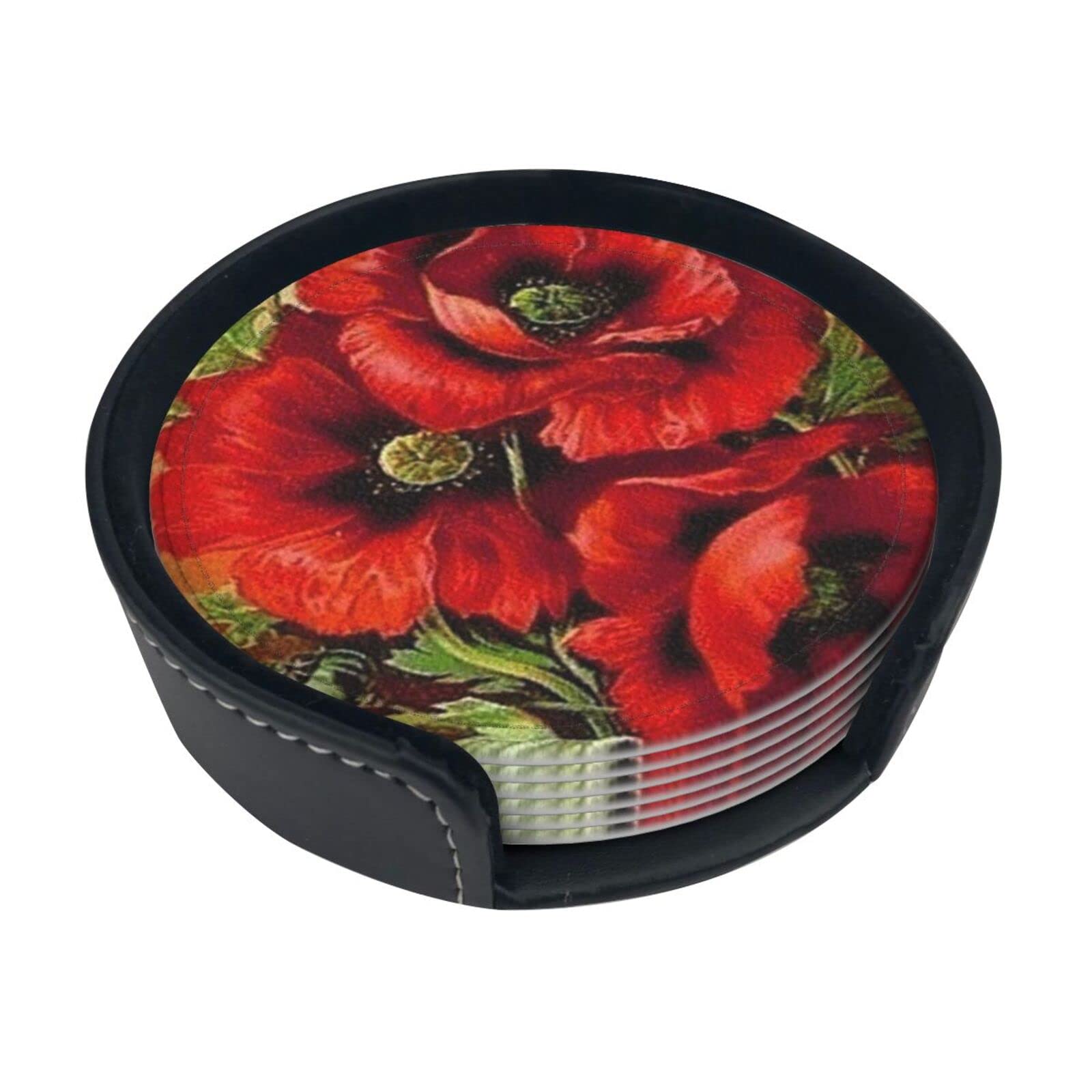 Beautiful Red Poppy Flower Coasters for Drinks,Coaster for Ccoffee Table, with Storage Box Leather Round Coasters Set of 6