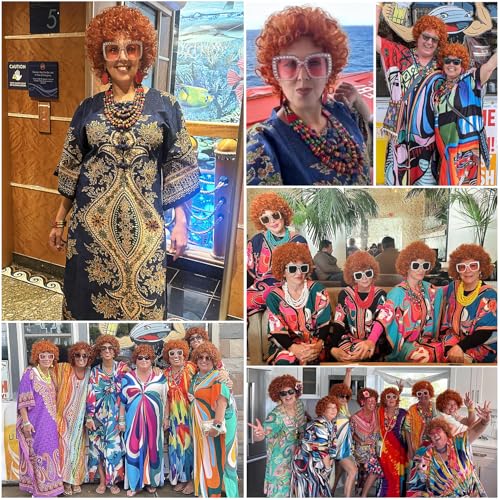 Image of Red Orange Wig + Pink Sunglasses + Rainbow Necklace + Earrings + Bracelets + Wig Cap for Women Costume Short Curly Reddish Wigs for Cosplay Halloween Party or Fun（6pcs Set）
