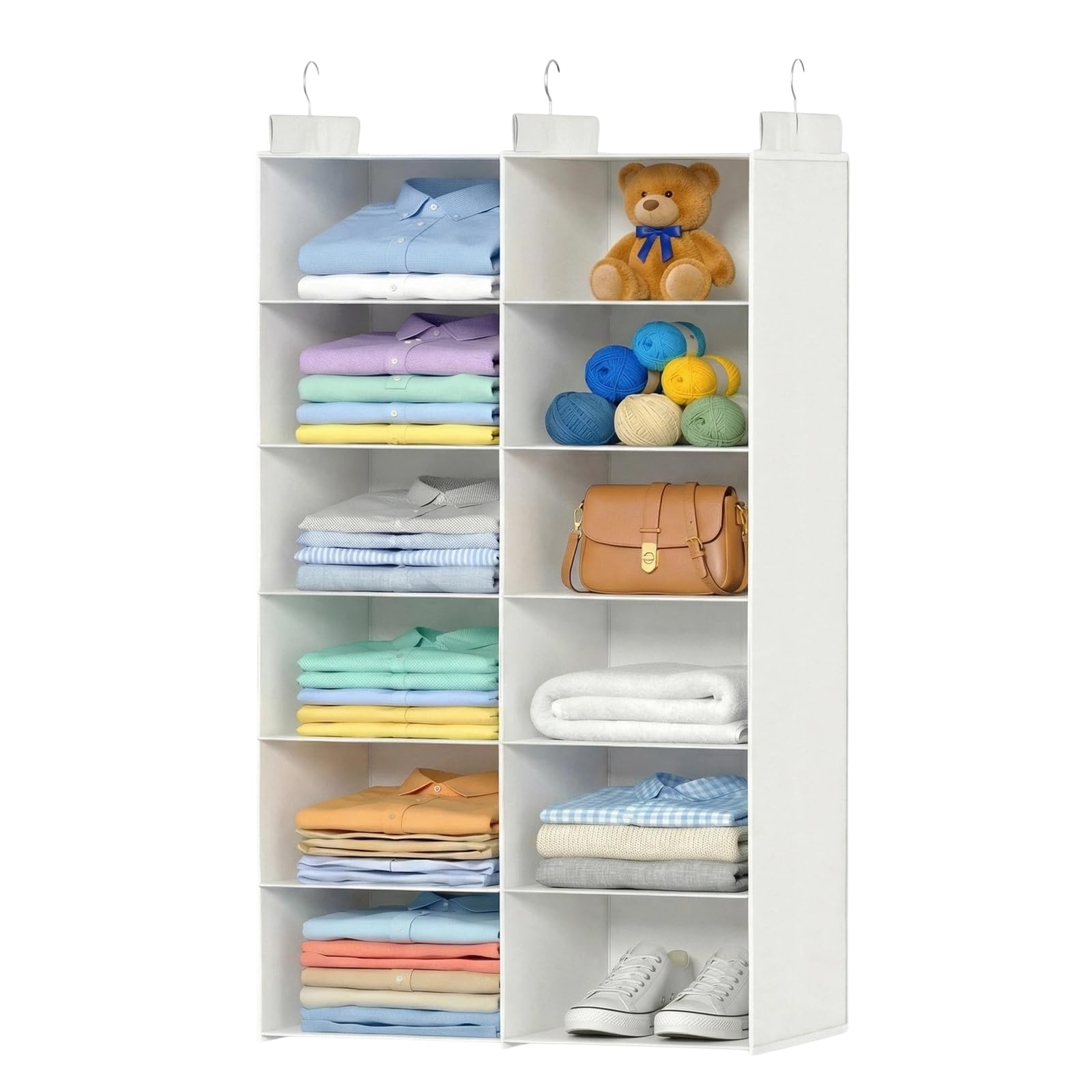 ALLTIDYUP Organizer Armadio da Appendere-Ripiano Pieghevole a Doppia Fila con 6 Scomparti,12 Tasche e 3 Ganci,Salvaspazio per Vestiti-Bianco,Ideale per Dormitori e Camera da Letto (Bianco, 6 Ripiani)