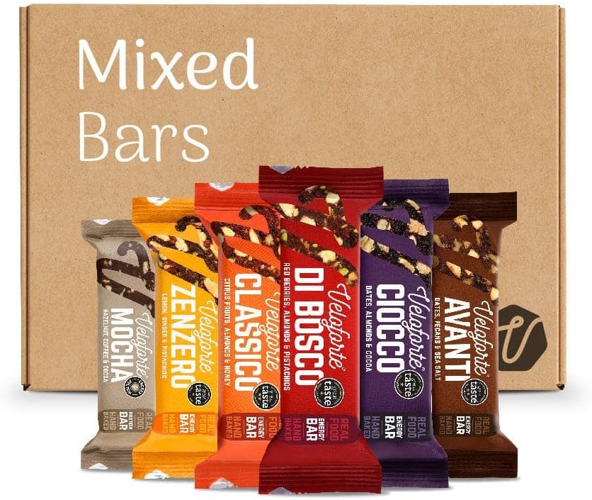 Veloforte Mixed Energy Bars - 100% Natural Healthy Sports Performance, Balanced Protein & Carbs, Great Taste Award Winners, Dairy-Free, Gluten-Free, Vegetarian (7 Bars)