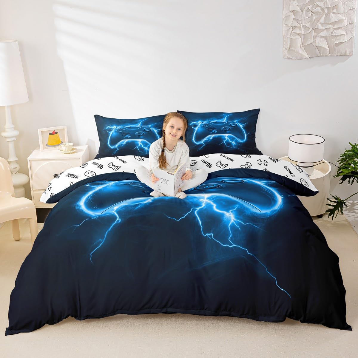 Manfei Juego de funda de edredón azul Super King, juego de ropa de cama moderno de 3 piezas, funda de edredón con diseño de mando de videojuegos, decoración de habitación de niños y adolescentes