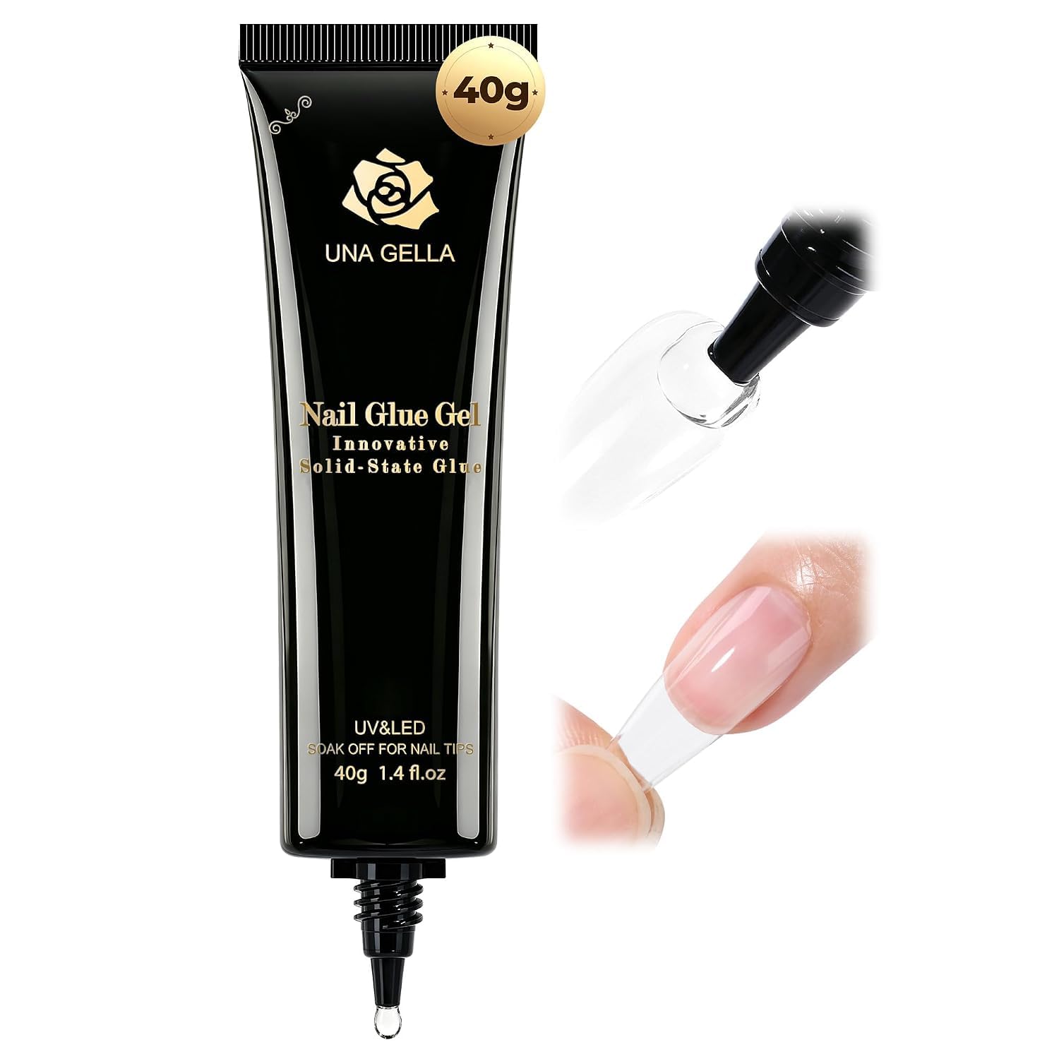 UNA GELLA Nagelkleber für Kunstnägel 40ml, Fester Soak Off Nagelkleber, Aushärtung mit Lampe erforderlich, Starker Kleber für Acryl Nägel, Fake Nails, Extensions & Press On Nails, Gelly Tips