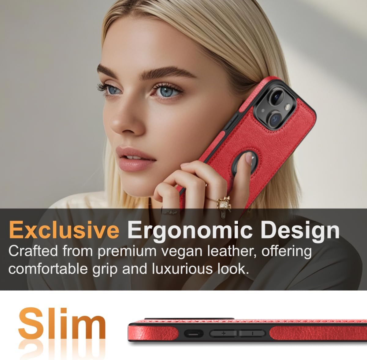 Design Compatible with iPhone 15 Case Luxury Leather Business Vintage Slim Non-Slip Soft Grip Shockproof Protective Cover (2023) 6.1 Inch (Red) - Image 2